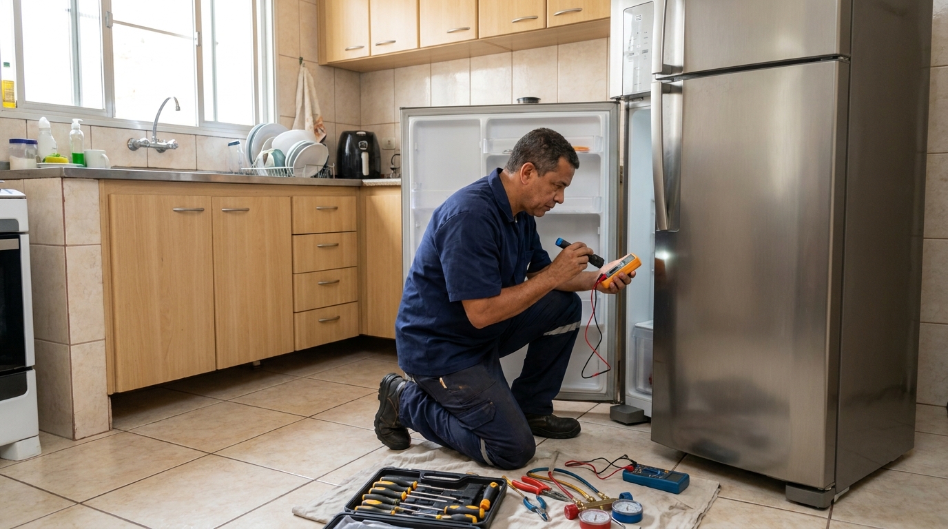 Técnico aplicando recarga de gás refrigerante em geladeira no Centro, Cascavel‑PR
